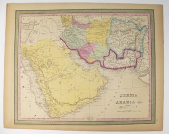 Antique Map of Saudi Arabia, Iran, Persia, Afghanistan 1852 Mitchell Map Persian Gulf Middle East Map, Oman Pakistan, Man Cave Decor