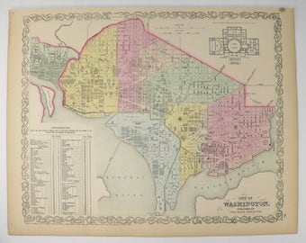 Original Antique Washington DC Map 1858 Mitchell DeSilver Map Washington DC, Gift for Husband, US history Buff Gift, Washington dc Decor Art