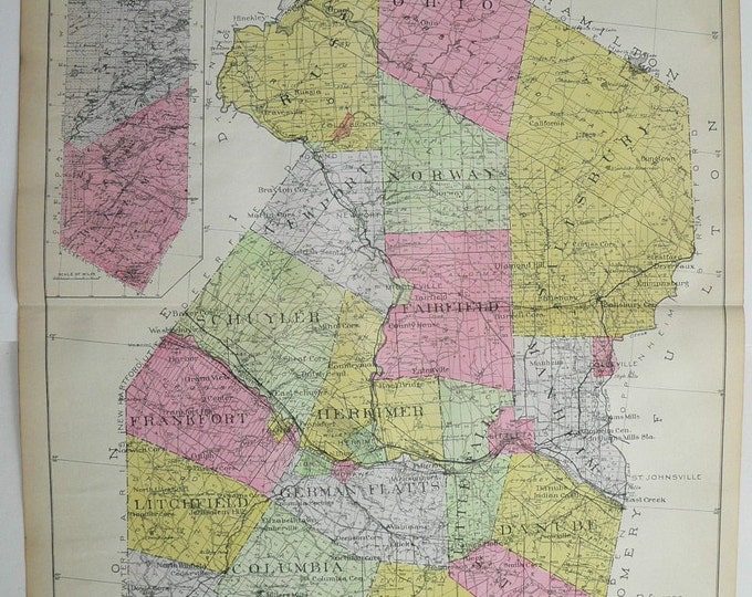 1912 Large Map Herkimer County NY Map, Vintage Map New York County, Dolgeville Ny Little Falls