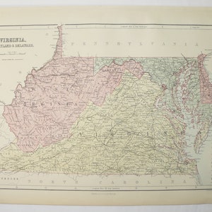 May include: An antique map of Virginia, Maryland, and Delaware. The map is printed in black and white with colored borders and includes a key for different types of roads and railroads. The map is titled "Virginia, Maryland & Delaware" and is dated 1891.