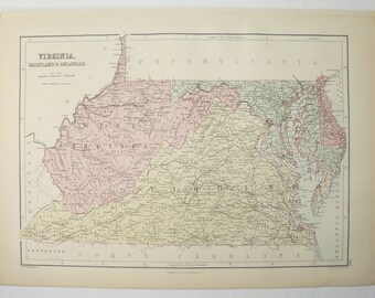 May include: An antique map of Virginia, Maryland, and Delaware. The map is printed in black and white with colored borders and includes a key for different types of roads and railroads. The map is titled "Virginia, Maryland & Delaware" and is dated 1891.