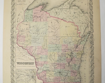 May include: Vintage map of Wisconsin, showing county boundaries and geographical details. The map is enclosed within an elaborate border and includes a smaller inset map of Milwaukee. Printed on aged paper, the map has a classic, antique appearance.