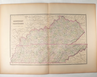May include: Antique map of Kentucky and Tennessee, with detailed geographical features. The map is printed on aged paper, featuring a pink border and text that reads "Kentucky Tennessee". The map is open, showing both states.