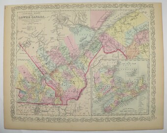 May include: An antique map of Canada East, Lower Canada, Nova Scotia, New Brunswick, and the Gulf of St. Lawrence. The map is printed in black and white with colored borders and features various geographical details.