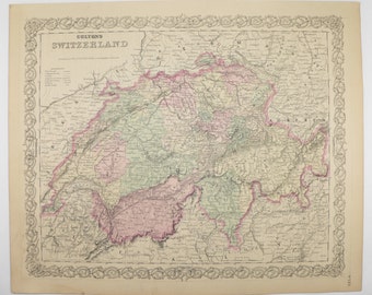 May include: An antique map of Switzerland, printed in black and white with hand-colored details. The map shows the country's borders, major cities, and rivers. The title "COLTON'S SWITZERLAND" is printed at the top of the map.