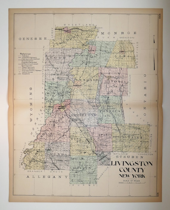 Livingston County Ny Map Old Livingston County Ny Map New York County 1912 Large | Etsy Canada