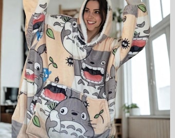 Totoro Anime wearable Blanket Hoodie  oversize snuggle Sherpa unisex adults and kids