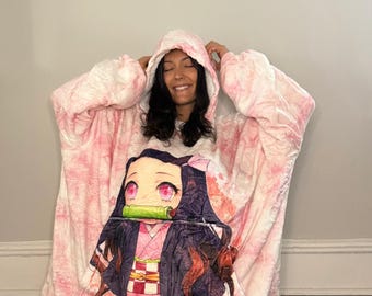 Nezuko  Anime wearable Blanket Hoodie  oversize snuggle Sherpa unisex adults and kids