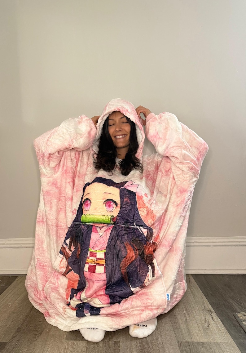 Nezuko Anime wearable Blanket Hoodie oversize snuggle Sherpa unisex adults and kids image 1