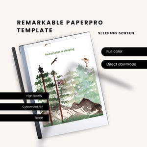 Op de afbeelding: Een digitale tekening van een boslandschap met bomen, bergen en vogels. De tekst "Remarkable is sleeping" staat bovenaan de afbeelding. De afbeelding is een sjabloon voor een scherm van een Remarkable Paperpro tablet.