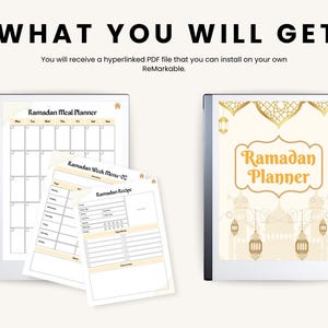 May include: A digital planner for Ramadan with a beige background and gold accents. The planner includes a meal planner, weekly menu, and recipe pages. The cover features a mosque with lanterns and the text "Ramadan Planner".