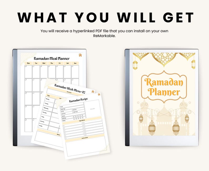 May include: A digital planner for Ramadan with a beige background and gold accents. The planner includes a meal planner, weekly menu, and recipe pages. The cover features a mosque with lanterns and the text "Ramadan Planner".