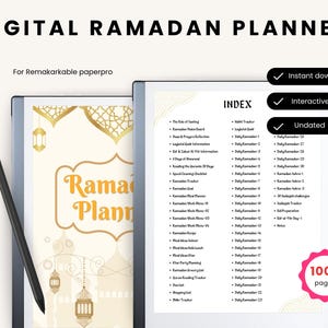 May include: A digital Ramadan planner for the Remarkable paperpro tablet. The cover features a gold and white design with lanterns and the text "Ramadan Planner". The index includes sections for daily reminders, habit trackers, meal planning, and more. The planner is undated and includes over 100 pages.
