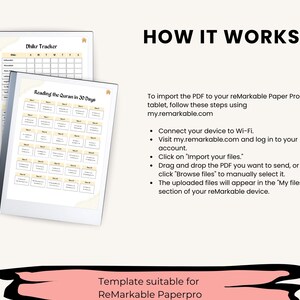 May include: A printable PDF template for a Dhikr Tracker and a 30-day Quran reading tracker. The template is designed for use with the reMarkable Paper Pro tablet. Instructions for importing the PDF to the tablet are included.