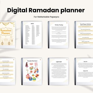 May include: A digital Ramadan planner for the ReMarkable Paperpro tablet. The planner includes sections for index, Ramadan vision board, the role of fasting, and more.
