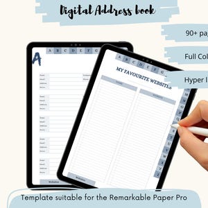 Op de afbeelding: Een digitale adresboektemplate voor de Remarkable Paper Pro tablet. De template heeft meer dan 90 pagina's, is full colour en hyperlinked. De template bevat een alfabetische index en een sectie voor favoriete websites.