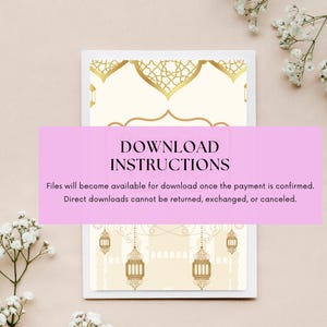 May include: A white card with a gold design of an archway with lanterns. The card has the text "DOWNLOAD INSTRUCTIONS" in black text. The text below reads "Files will become available for download once the payment is confirmed. Direct downloads cannot be returned, exchanged, or canceled."