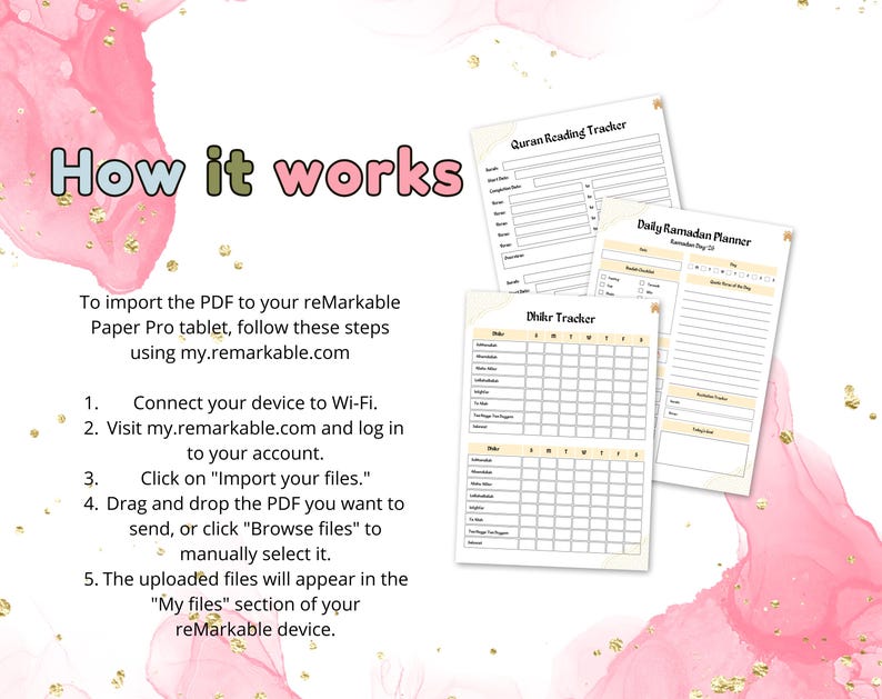 May include: A how-to guide for importing PDFs to a reMarkable Paper Pro tablet. The guide includes instructions for connecting to Wi-Fi, logging into an account, importing files, and browsing files. The image also shows three printable planners: a Quran Reading Tracker, a Dhikr Tracker, and a Daily Ramadan Planner.