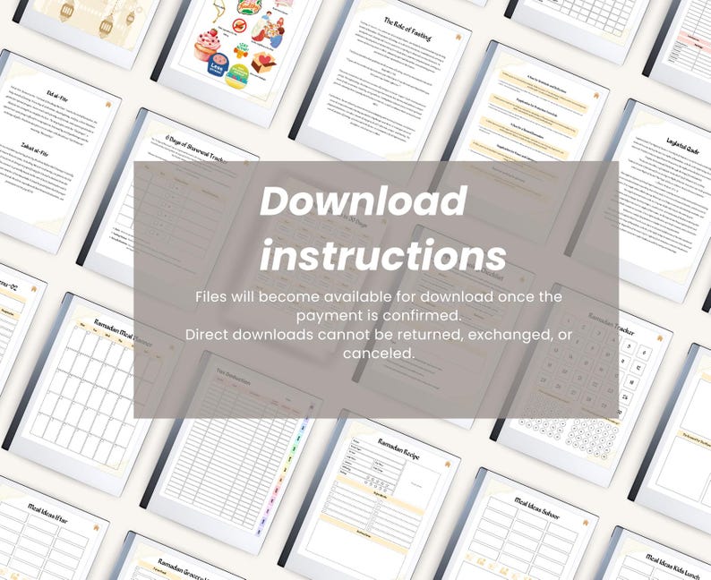 May include: A digital download of printable Ramadan planner pages. The pages include a calendar, meal plans, and other helpful resources for observing Ramadan.