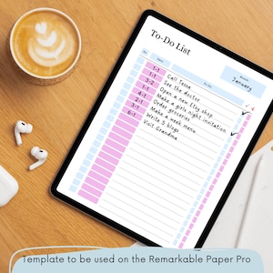 Op de afbeelding: Een digitale to-dolijst op een tabletscherm met een roze en blauwe raster. De lijst bevat taken zoals "Bel Tessa", "Ga naar de dokter" en "Bezoek oma".