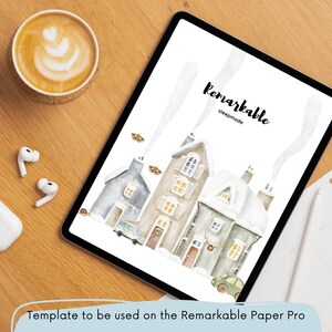 Op de afbeelding: Een digitale illustratie van een winterscene met huizen en sneeuw. De tekst "Remarkable Sleepmode" staat bovenaan de afbeelding. Deze sjabloon is bedoeld voor gebruik op de Remarkable Paper Pro.