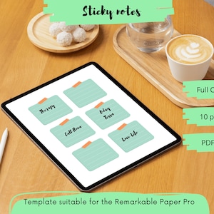 Op de afbeelding: Een digitale tablet die een sjabloon voor sticky notes weergeeft met titels zoals "Therapie", "Call Hora", "Eday Tessa", "Love Life". De sjabloon is geschikt voor de Remarkable Paper Pro en is beschikbaar in full colour, 10 pagina's en als PDF-bestand.