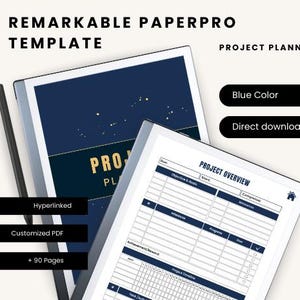 Peut inclure: Un modèle de planificateur de projet bleu et blanc avec le texte "Aperçu du projet" et "Modèle de Paperpro remarquable" sur la couverture. Le planificateur comprend des sections pour les objectifs, les échéances, les progrès et les notes.