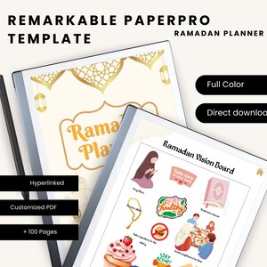 May include: A digital planner template for Ramadan with a vision board featuring illustrations of a woman praying, a plate of food, a cupcake, and a motivational quote. The planner is hyperlinked, customizable, and includes over 100 pages.