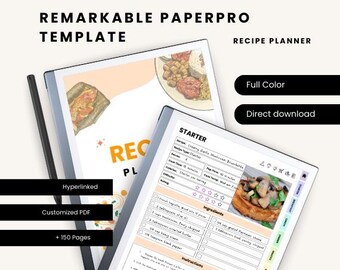 May include: A digital recipe planner on a tablet, featuring the text "REMARKABLE PAPERPRO TEMPLATE RECIPE PLANNER." The screen displays a recipe with a photo of food. Additional text includes "Hyperlinked," "Customized PDF," and "+ 150 Pages."