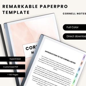 Op de afbeelding: Een digitale sjabloon voor Cornell Notes, een notitiesysteem, ontworpen voor de Remarkable Paperpro tablet. De sjabloon is hyperlinked, aanpasbaar en bevat meer dan 160 pagina's. De sjabloon is in kleur en kan direct worden gedownload.