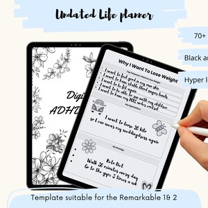 Op de afbeelding: Een zwart-witte digitale planner met een bloemenontwerp op de omslag. De planner is open op een pagina met de titel "Waarom ik wil afvallen" met een lijst met redenen en een sectie voor een persoonlijke strategie. De planner is ontworpen voor de Remarkable 18 2 tablet.