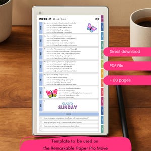 Op de afbeelding: Digitale plantemplates voor de Remarkable Paper Pro Move, met een wekelijkse indeling van 5 tot 11 januari. De template bevat een schema, notitiesectie en vlindergraphics. Beschikbaar als directe download, PDF-bestand en meer dan 80 pagina's.
