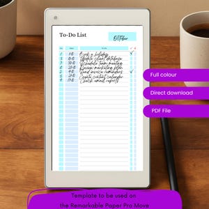 Op de afbeelding: Een digitale tablet met een to-do lijst sjabloon met de titel "To-Do List" en de maand "Oktober". De lijst bevat taken zoals "Boek een vakantie" en "Controleer e-mailrapporten". De tablet heeft een stylus en de woorden "Full colour", "Direct download" en "PDF File" zijn zichtbaar.