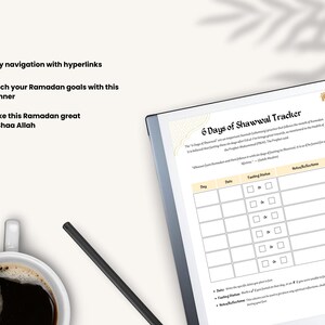 May include: A printable 6 Days of Shawwal Tracker with a light yellow background and a gold floral pattern. The tracker has columns for Day, Date, Fasting Status, and Notes/Reflection. The text "6 Days of Shawwal Tracker" is in a gold box with a small house icon in the top right corner.
