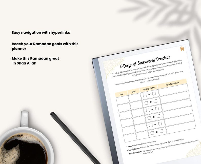May include: A printable 6 Days of Shawwal Tracker with a light yellow background and a gold floral pattern. The tracker has columns for Day, Date, Fasting Status, and Notes/Reflection. The text "6 Days of Shawwal Tracker" is in a gold box with a small house icon in the top right corner.