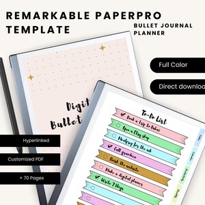 Op de afbeelding: Een digitale planner-sjabloon voor de Remarkable Paperpro tablet. De sjabloon bevat een to-dolijst met kleurrijke banners en selectievakjes. De tekst "Digit Bullet" is zichtbaar in de afbeelding. De sjabloon bevat 70 pagina's en is hyperlinked en aanpasbaar.