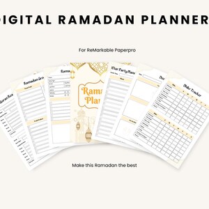 May include: A digital Ramadan planner for the ReMarkable Paperpro tablet. The planner includes pages for Quran reading, Ramadan grocery lists, Iftar party planning, and a Dhikr tracker. The pages are decorated with gold accents and Islamic patterns.