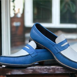 Handmade Leather Bespoke Loafer Men Blue & White Moccasin Slip On Shoes, Office Shoes, Wedding Shoes, Party Shoes