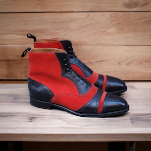 Handmade Suede Leather Bespoke Black & Red Colour Ankle High Men Cap Toe Boots, Office Boots, Wedding Boots