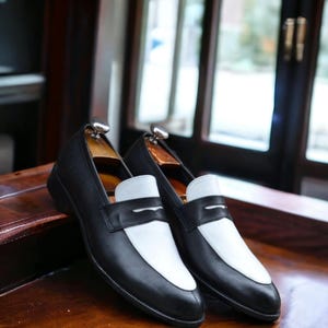 Handmade Bespoke Loafer Men Black & White Colour Moccasin Slip On Split Toe Shoes, Casual Shoes, Party Shoes