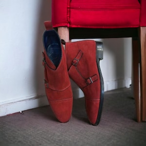 Handmade Suede Leather Bespoke Side Zipper Double Buckle Strap Red Colour Ankle High Men Boots, Office Boots, Wedding Boots