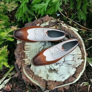 Handmade Leather Bespoke Oxford Men White & Brown Wing Tip Brogues Lace Up Shoes, Office Shoes, Party Shoes, Wedding Shoes