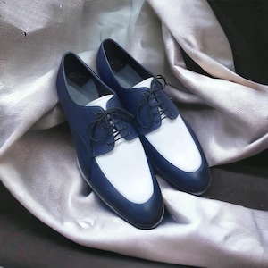 Handmade Leather Bespoke Oxford Men Dark Blue & White Leather Lace Up Shoes, Office Shoes, Wedding Shoes