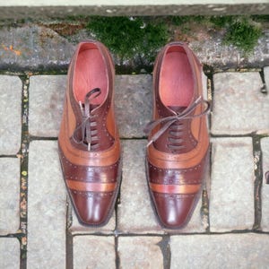 Handmade Leather Bespoke Oxford Men Dark Brown & Light Brown Cap Toe Lace Up Shoes, Office Shoes, Party Shoes, Wedding Shoes
