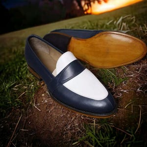 Handmade Leather Bespoke Loafer Men Dark Blue & White Moccasin Slip On Split Toe Shoes, Office Shoes, Wedding Shoes, Party Shoes
