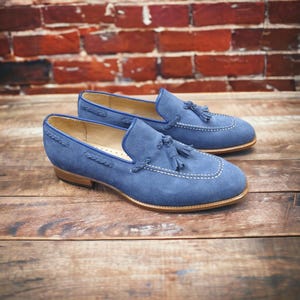 Handmade Suede Leather Bespoke Loafer Men Blue Colour Moccasin Slip On Shoes, Office Shoes, Wedding Shoes, Party Shoes