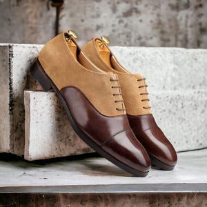 Handmade Leather Bespoke Oxford Men Brown Leather & Tan Suede Cap Toe Lace Up Shoes, Office Shoes, Wedding Shoes