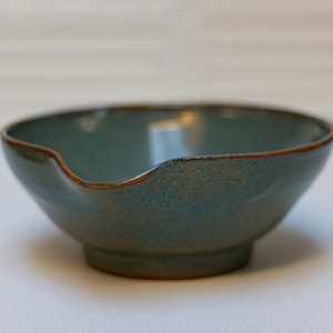 Green stoneware batter bowl, Ceramic bowl with spout, Handmade pottery bowl