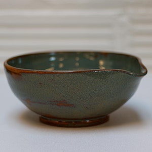 Green stoneware batter bowl, Ceramic bowl with spout, Handmade pottery bowl