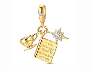 18k Gold Plated Bookworm Charm fits on Pandora | s925 Sterling Silver Book Lover Charm, Gold Charms for Women Gift, Library Lover